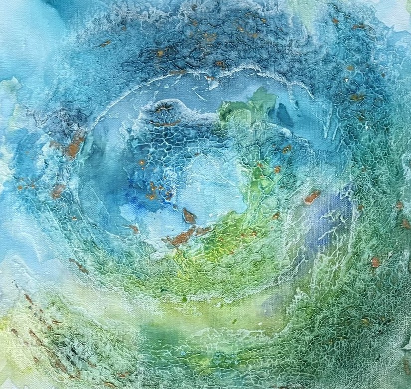 Close detail of a blue and green textured abstract canvas by Ildik&oacute; Simon