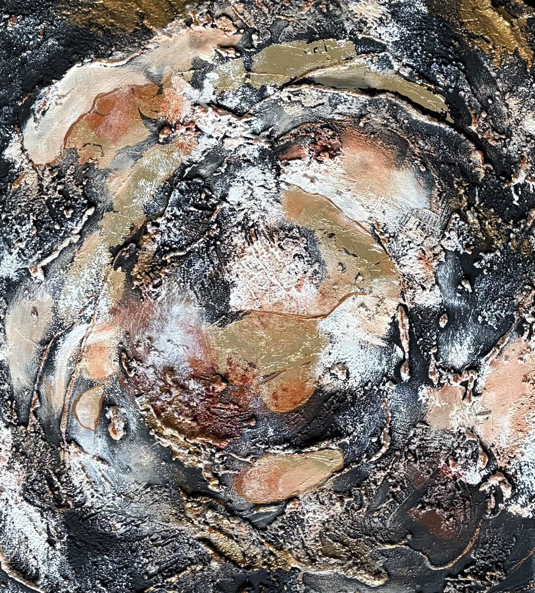 Black, gold and rust circular textured abstract painting