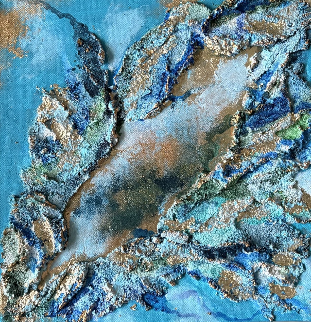 Turquoise and gold leaf-shaped textured abstract painting